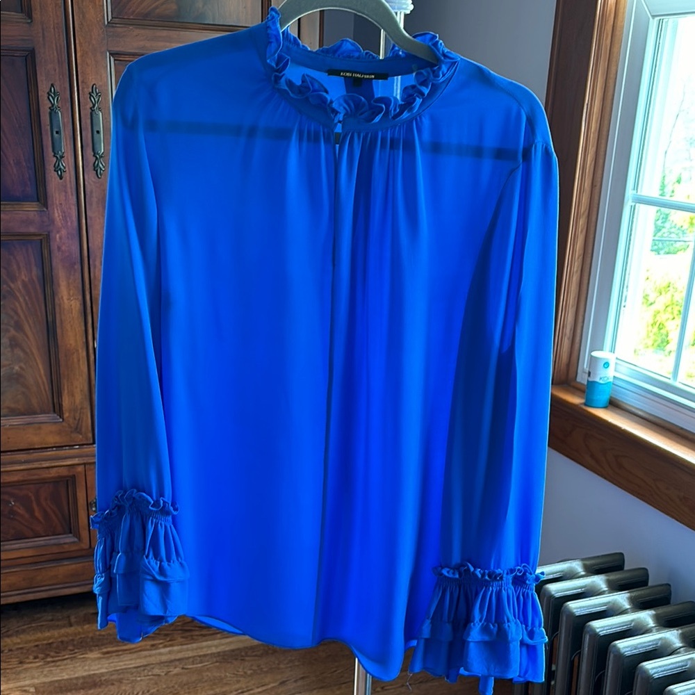 Kobi Halperin Ruffled Blue Long Sleeve Blouse